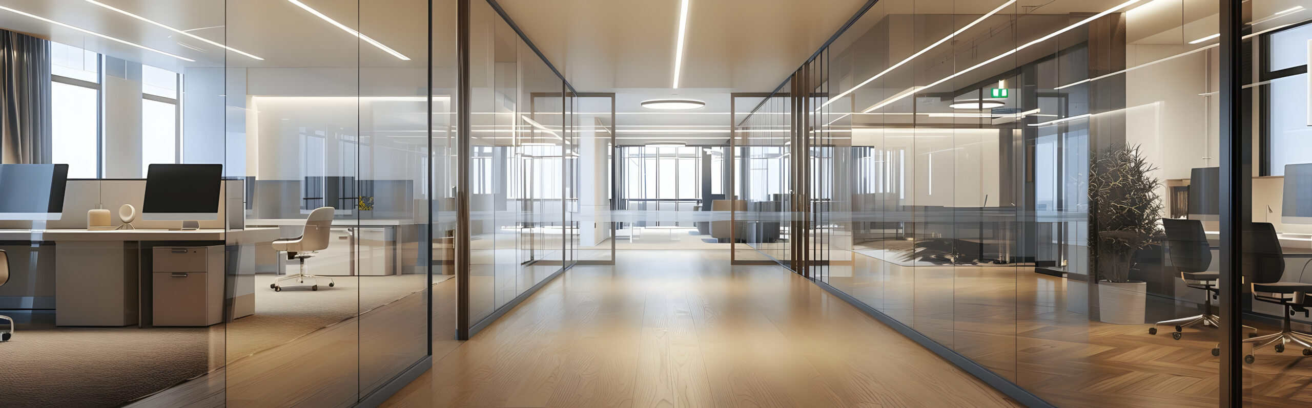 Modern corporate office with open space layout, sleek glass partitions, and natural light. Ideal for business-related themes.