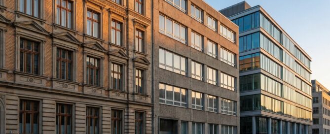 Berliner Straßenzug mit Gründerzeit-Altbau, Nachkriegsbau und moderner Glasfassade nebeneinander