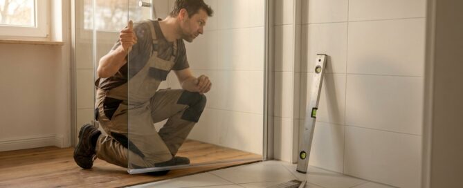 Glaser hält eine Glasscheibe testweise an eine schräge Altbauwand mit Wasserwaage am Boden